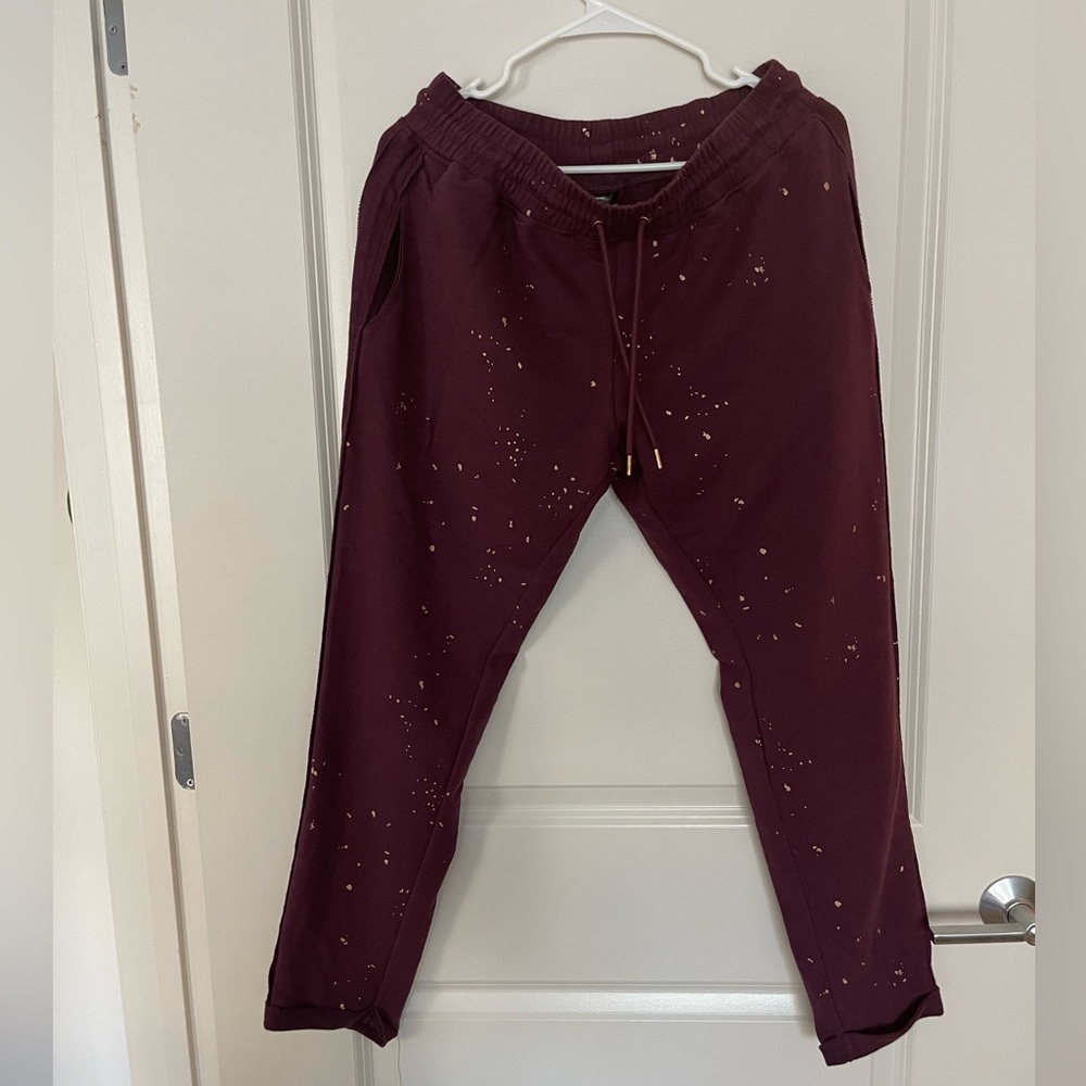 Nordstrom sweatpants, burgundy with rose gold paint splatter